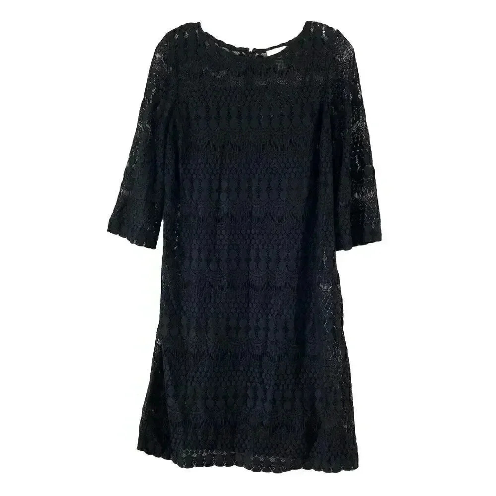 Chico's Women’s Black Embroidered Lace Overlay 3/4‎ Sleeve Shift Dress Sz 1 (8)